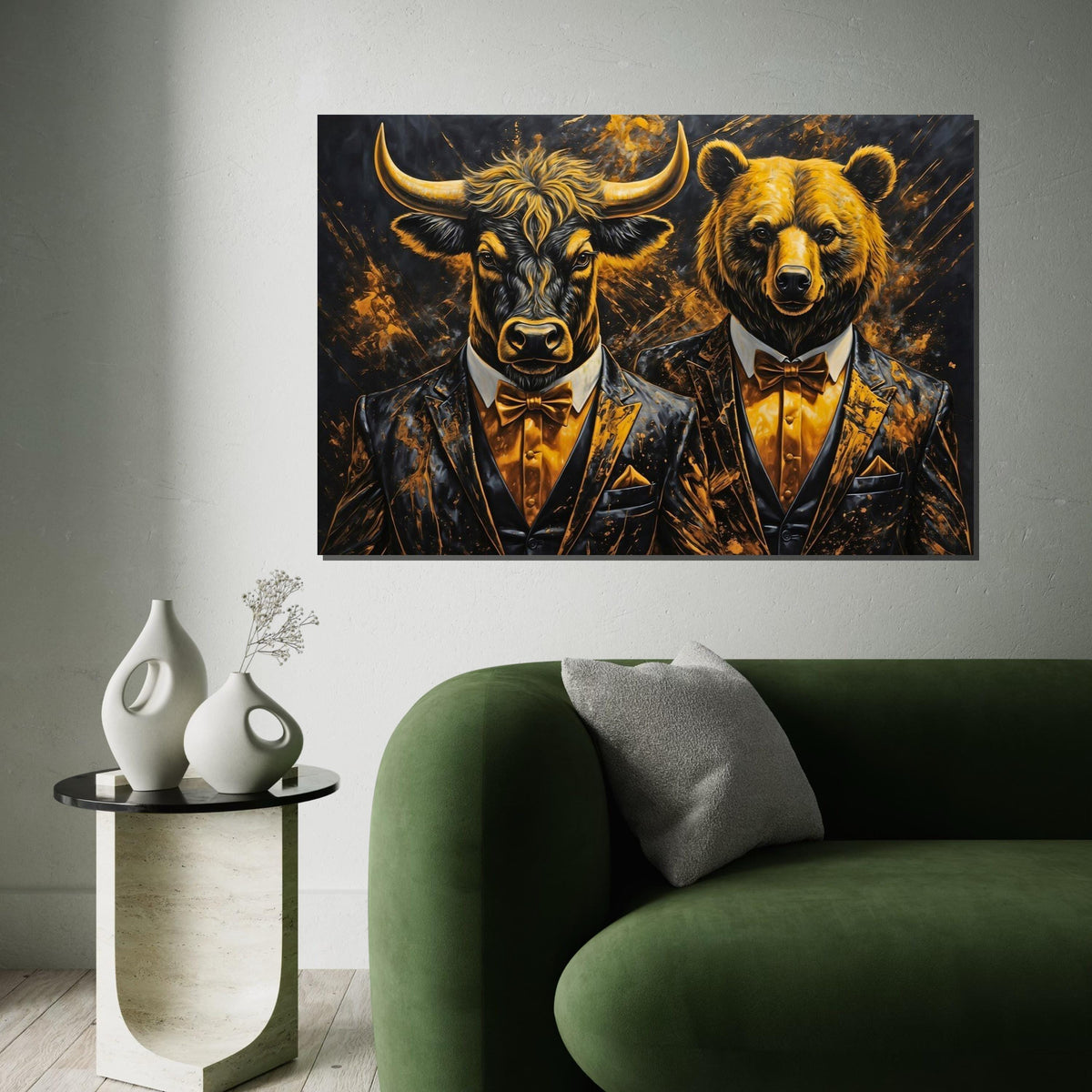 Elegant Bull and Bear Canvas, Animal Wall Art, Dressed Up Animals, Wall Art Canvas Design, Framed Canvas Ready to Hang Decoration