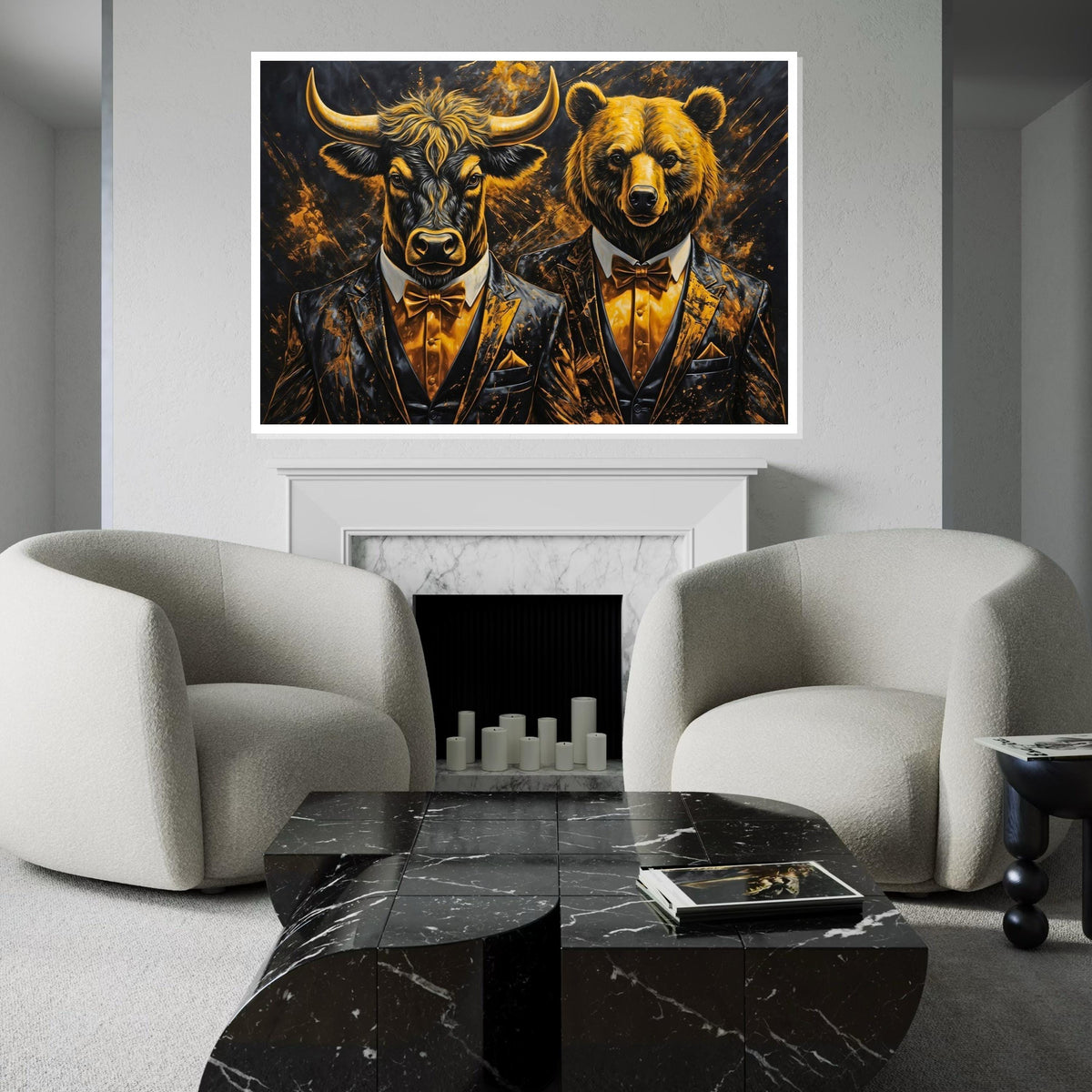 Elegant Bull and Bear Canvas, Animal Wall Art, Dressed Up Animals, Wall Art Canvas Design, Framed Canvas Ready to Hang Decoration