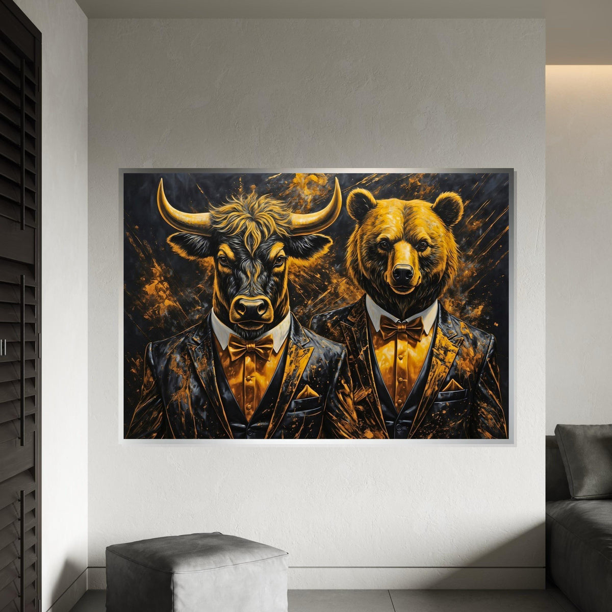 Elegant Bull and Bear Canvas, Animal Wall Art, Dressed Up Animals, Wall Art Canvas Design, Framed Canvas Ready to Hang Decoration