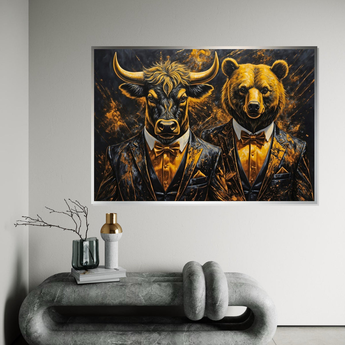 Elegant Bull and Bear Canvas, Animal Wall Art, Dressed Up Animals, Wall Art Canvas Design, Framed Canvas Ready to Hang Decoration