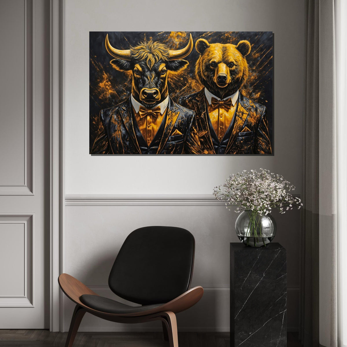 Elegant Bull and Bear Canvas, Animal Wall Art, Dressed Up Animals, Wall Art Canvas Design, Framed Canvas Ready to Hang Decoration