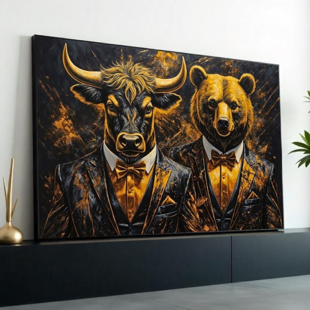 Elegant Bull and Bear Canvas, Animal Wall Art, Dressed Up Animals, Wall Art Canvas Design, Framed Canvas Ready to Hang Decoration