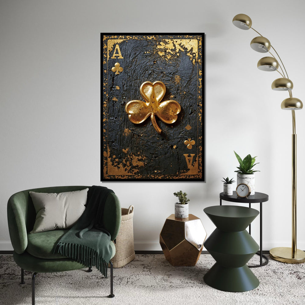 Golden Clover Ace, Card Art Canvas, Luxe Wall Design, Rustic Gold Embellishment, Elegant Playing Cards, Wall Art Canvas, Ready to Hang