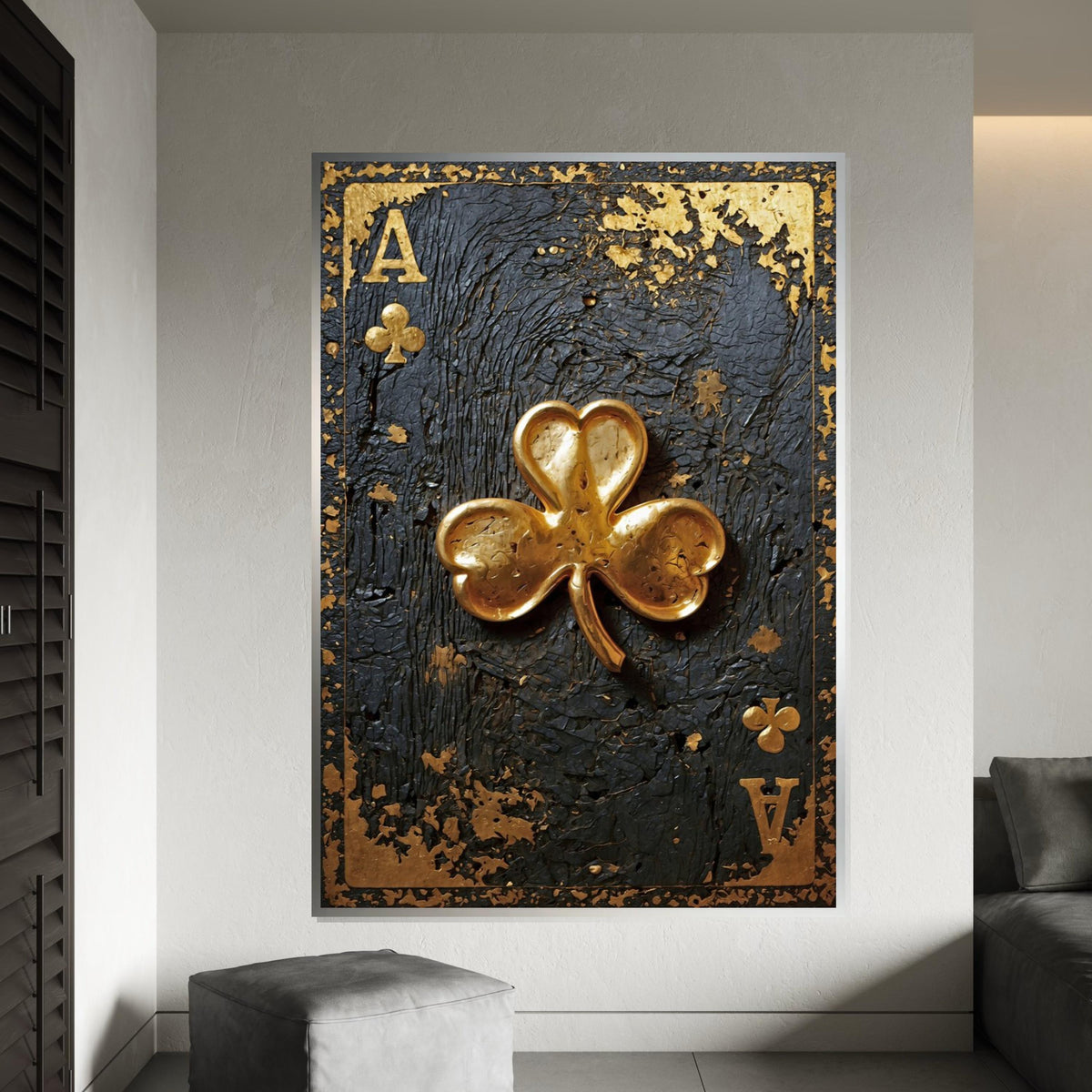 Golden Clover Ace, Card Art Canvas, Luxe Wall Design, Rustic Gold Embellishment, Elegant Playing Cards, Wall Art Canvas, Ready to Hang