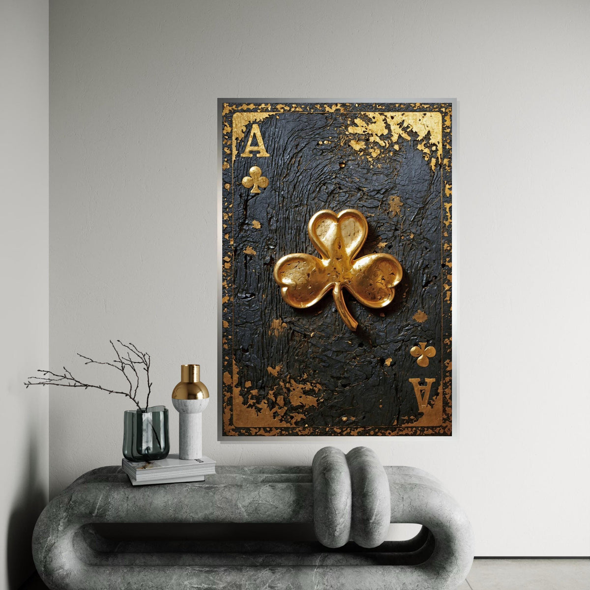 Golden Clover Ace, Card Art Canvas, Luxe Wall Design, Rustic Gold Embellishment, Elegant Playing Cards, Wall Art Canvas, Ready to Hang