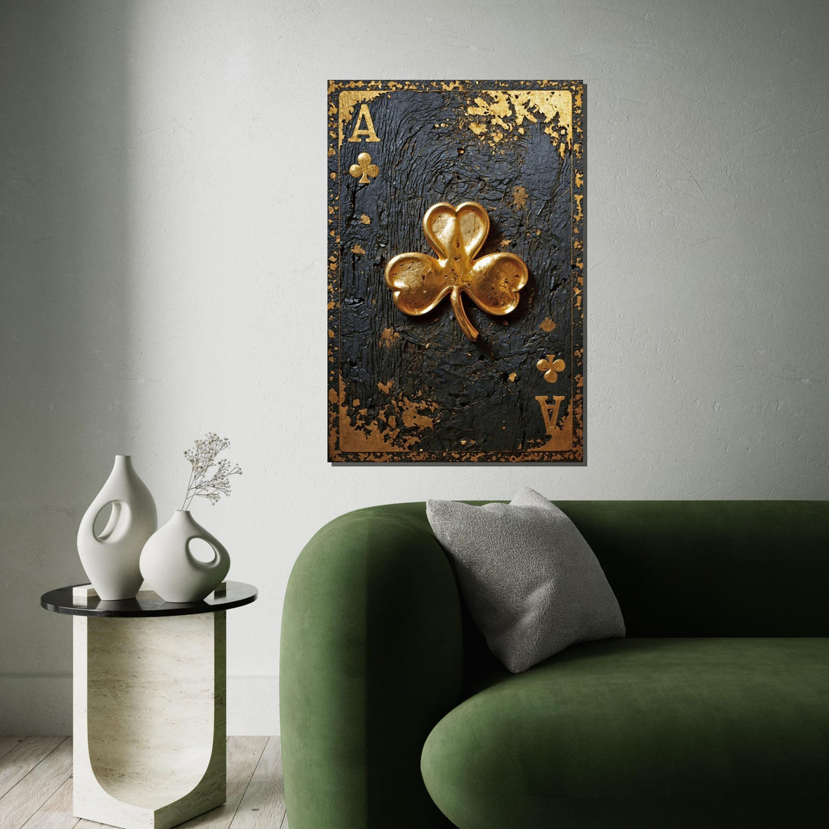 Golden Clover Ace, Card Art Canvas, Luxe Wall Design, Rustic Gold Embellishment, Elegant Playing Cards, Wall Art Canvas, Ready to Hang