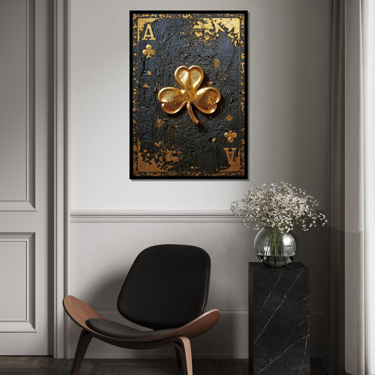 Golden Clover Ace, Card Art Canvas, Luxe Wall Design, Rustic Gold Embellishment, Elegant Playing Cards, Wall Art Canvas, Ready to Hang