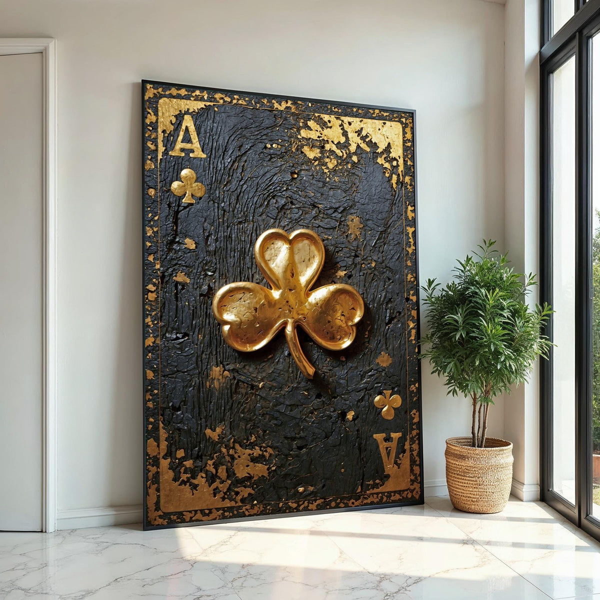 Golden Clover Ace, Card Art Canvas, Luxe Wall Design, Rustic Gold Embellishment, Elegant Playing Cards, Wall Art Canvas, Ready to Hang