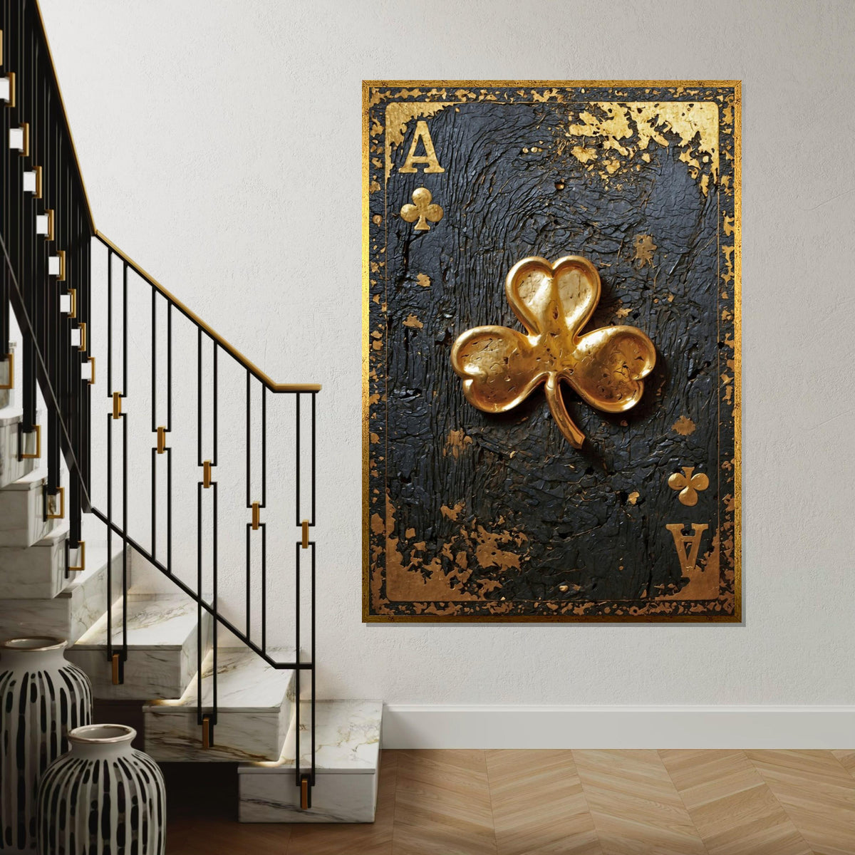 Golden Clover Ace, Card Art Canvas, Luxe Wall Design, Rustic Gold Embellishment, Elegant Playing Cards, Wall Art Canvas, Ready to Hang