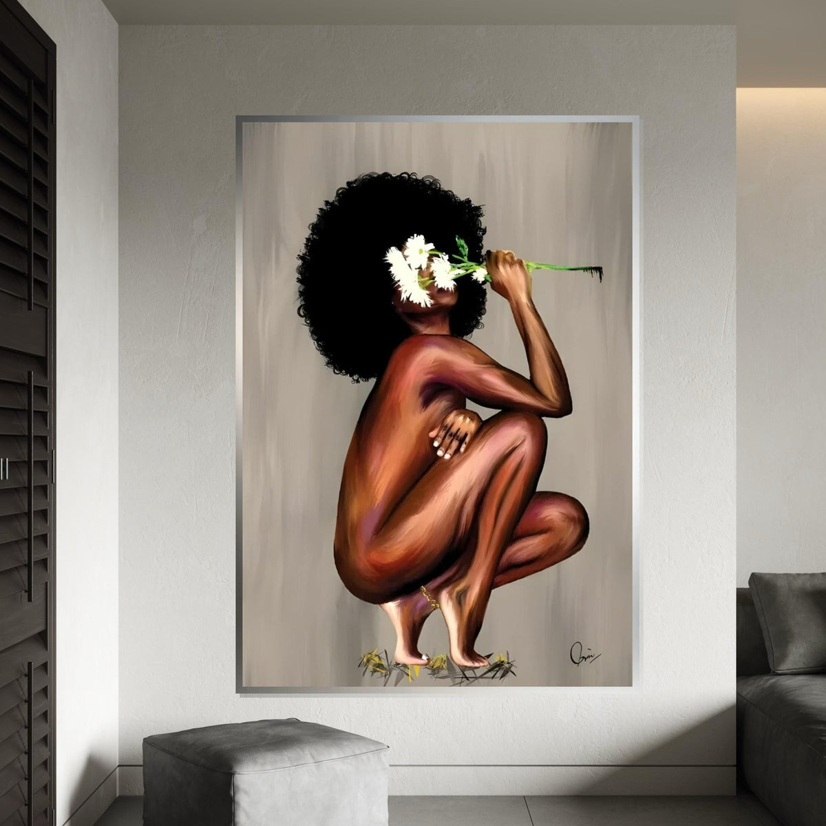 Afro Beauty Canvas, Floral Woman Art, Wall Art Canvas Design, Ready to Hang Decoration, Artistic Figure Painting, Unique Home Decor