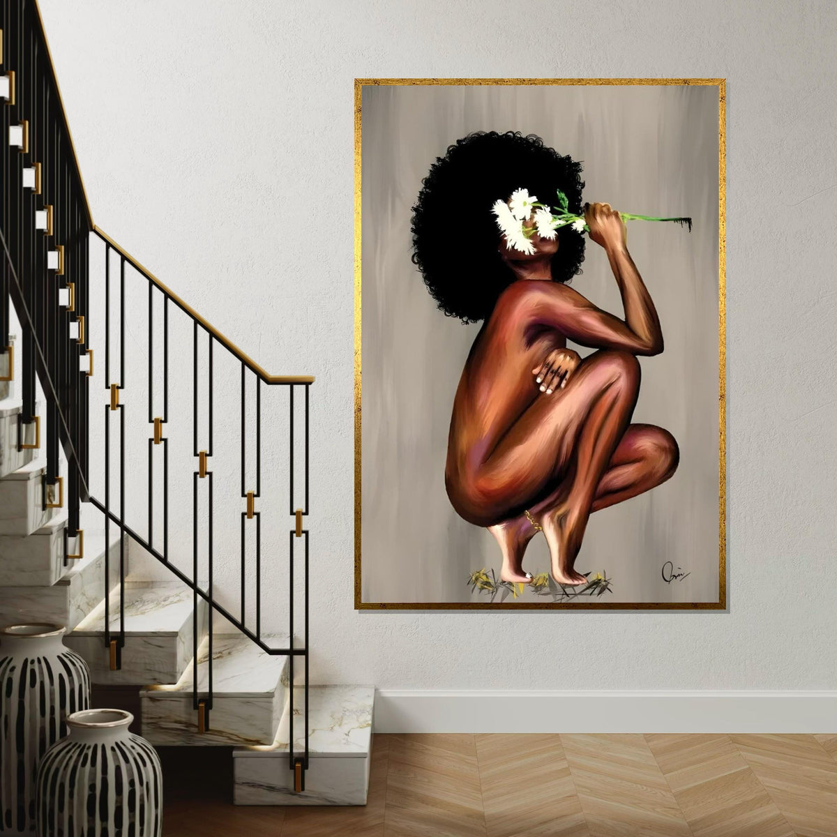 Afro Beauty Canvas, Floral Woman Art, Wall Art Canvas Design, Ready to Hang Decoration, Artistic Figure Painting, Unique Home Decor