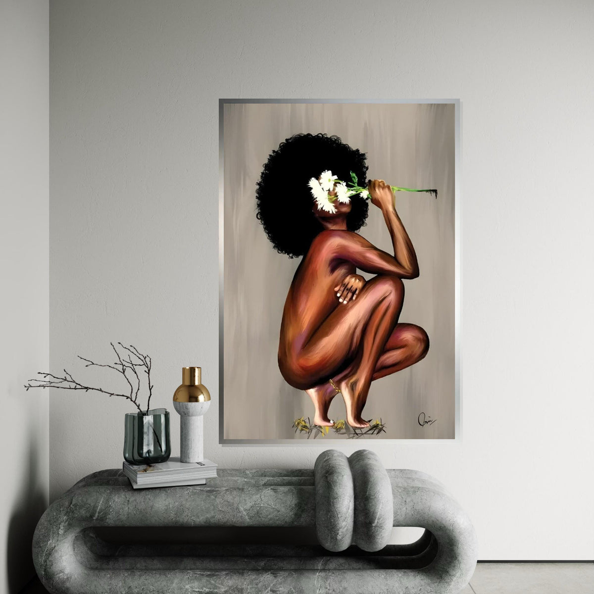 Afro Beauty Canvas, Floral Woman Art, Wall Art Canvas Design, Ready to Hang Decoration, Artistic Figure Painting, Unique Home Decor