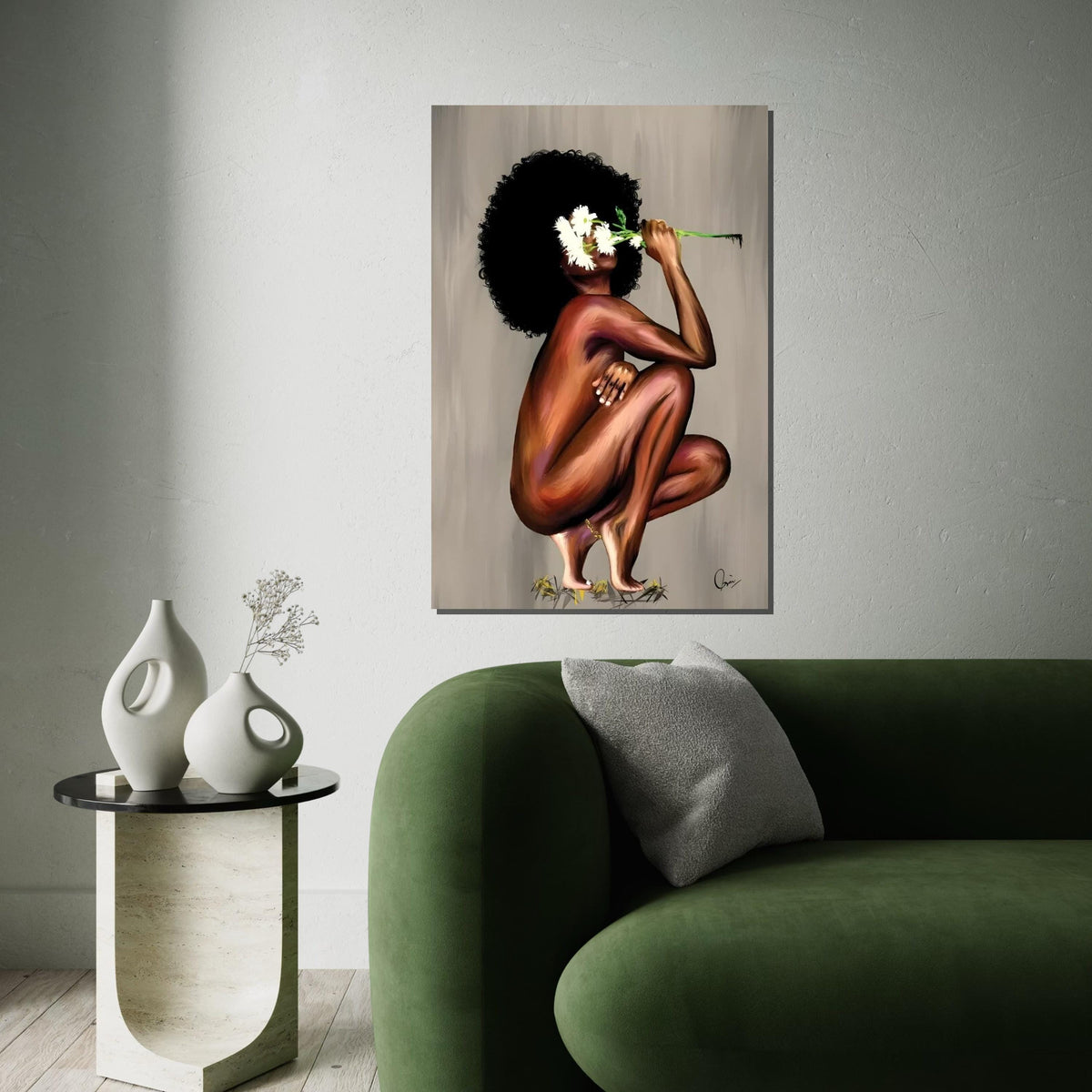 Afro Beauty Canvas, Floral Woman Art, Wall Art Canvas Design, Ready to Hang Decoration, Artistic Figure Painting, Unique Home Decor