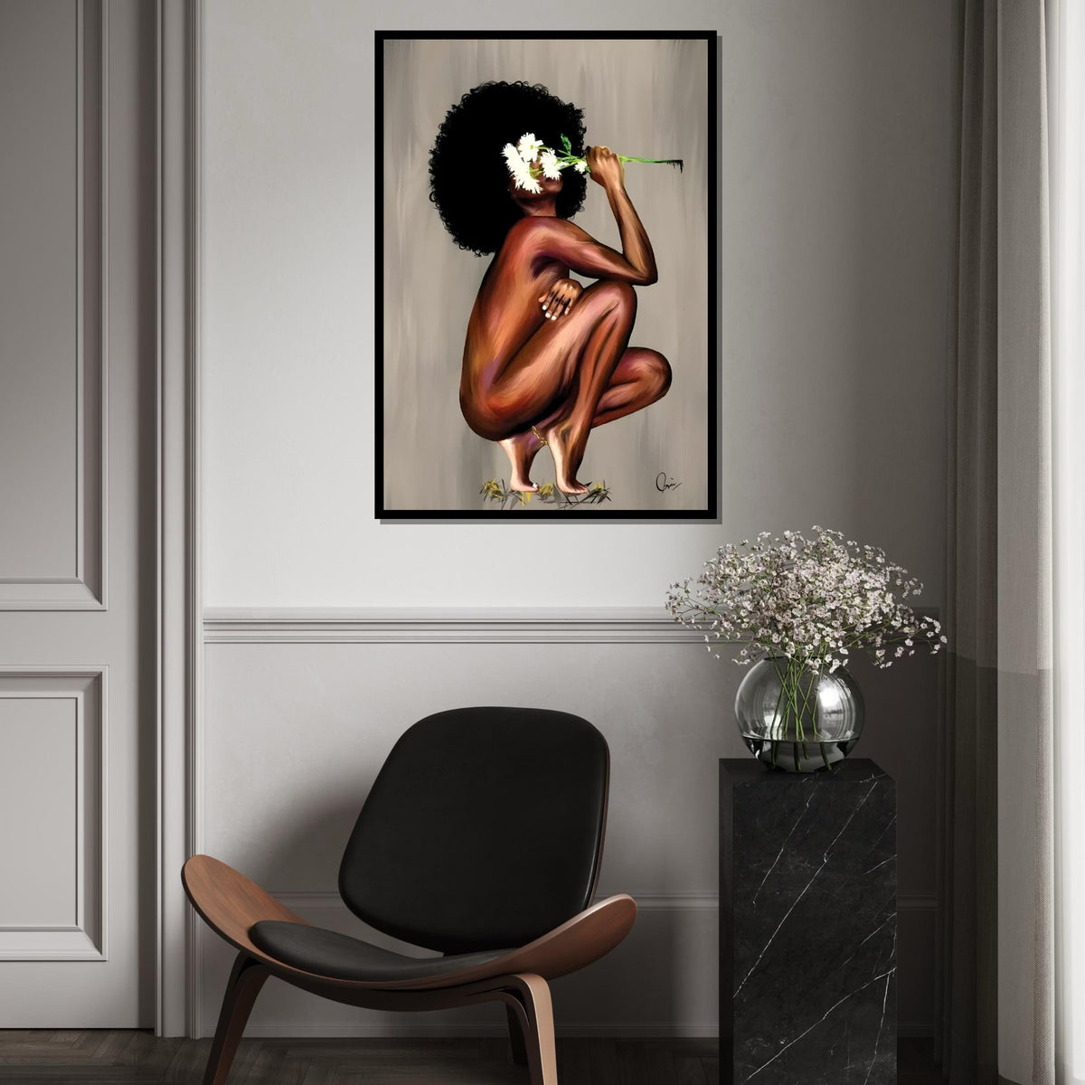 Afro Beauty Canvas, Floral Woman Art, Wall Art Canvas Design, Ready to Hang Decoration, Artistic Figure Painting, Unique Home Decor