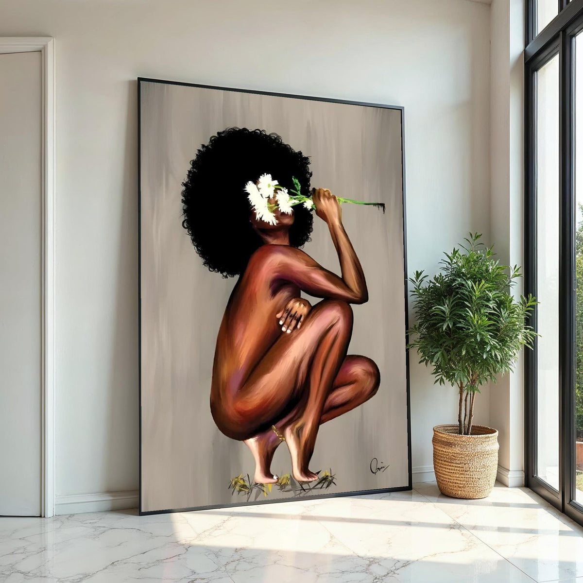Afro Beauty Canvas, Floral Woman Art, Wall Art Canvas Design, Ready to Hang Decoration, Artistic Figure Painting, Unique Home Decor