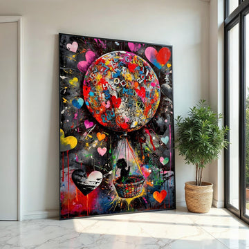 Colorful Balloon Adventure Canvas, Child in Balloon Art, Heart Design Canvas, Multicolor Wall Art, Ready to Hang Home Decoration