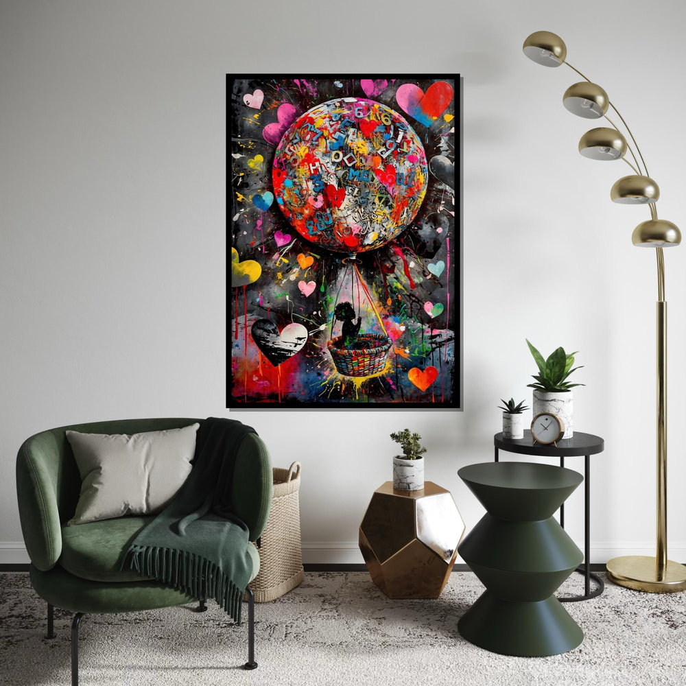 Colorful Balloon Adventure Canvas, Child in Balloon Art, Heart Design Canvas, Multicolor Wall Art, Ready to Hang Home Decoration