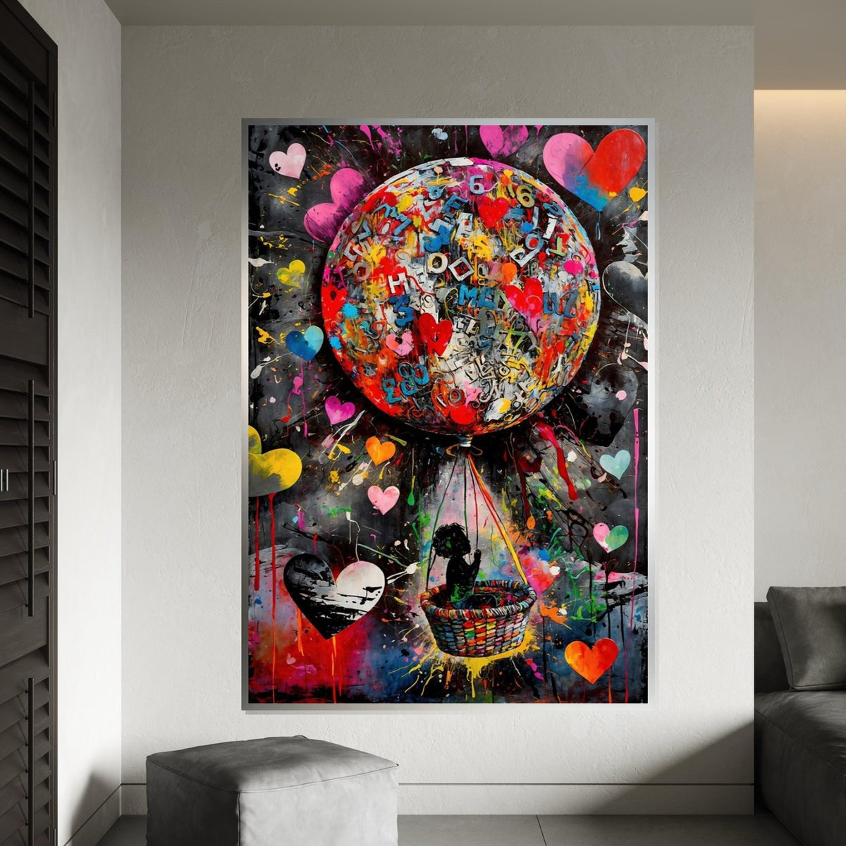 Colorful Balloon Adventure Canvas, Child in Balloon Art, Heart Design Canvas, Multicolor Wall Art, Ready to Hang Home Decoration