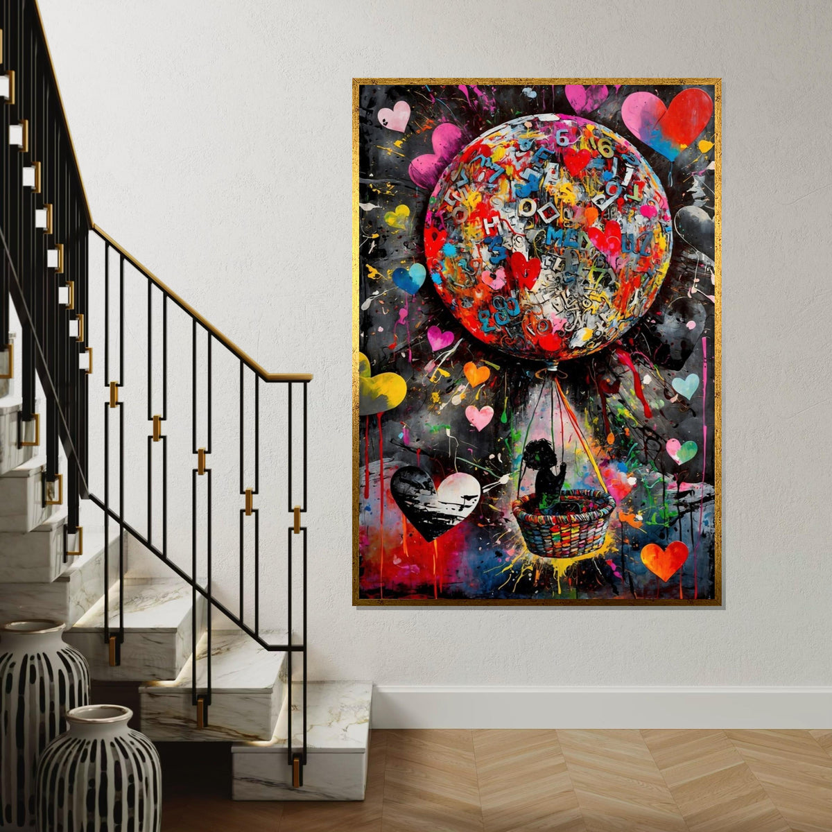 Colorful Balloon Adventure Canvas, Child in Balloon Art, Heart Design Canvas, Multicolor Wall Art, Ready to Hang Home Decoration