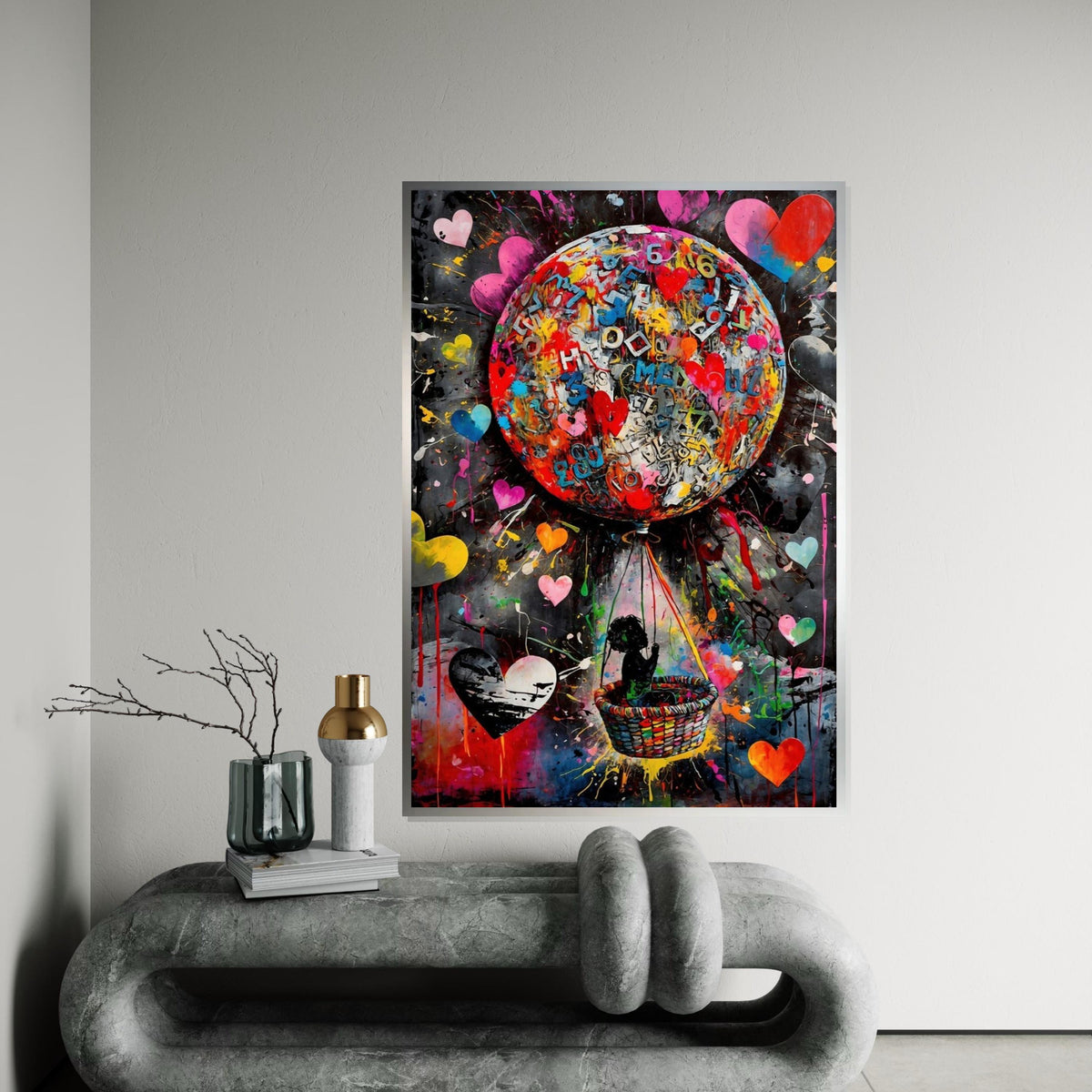 Colorful Balloon Adventure Canvas, Child in Balloon Art, Heart Design Canvas, Multicolor Wall Art, Ready to Hang Home Decoration
