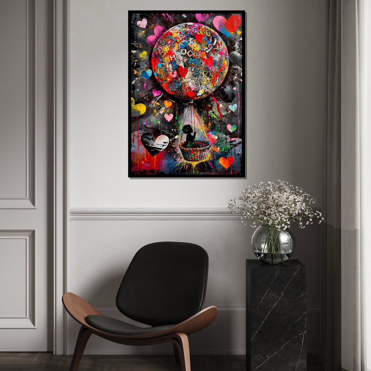 Colorful Balloon Adventure Canvas, Child in Balloon Art, Heart Design Canvas, Multicolor Wall Art, Ready to Hang Home Decoration