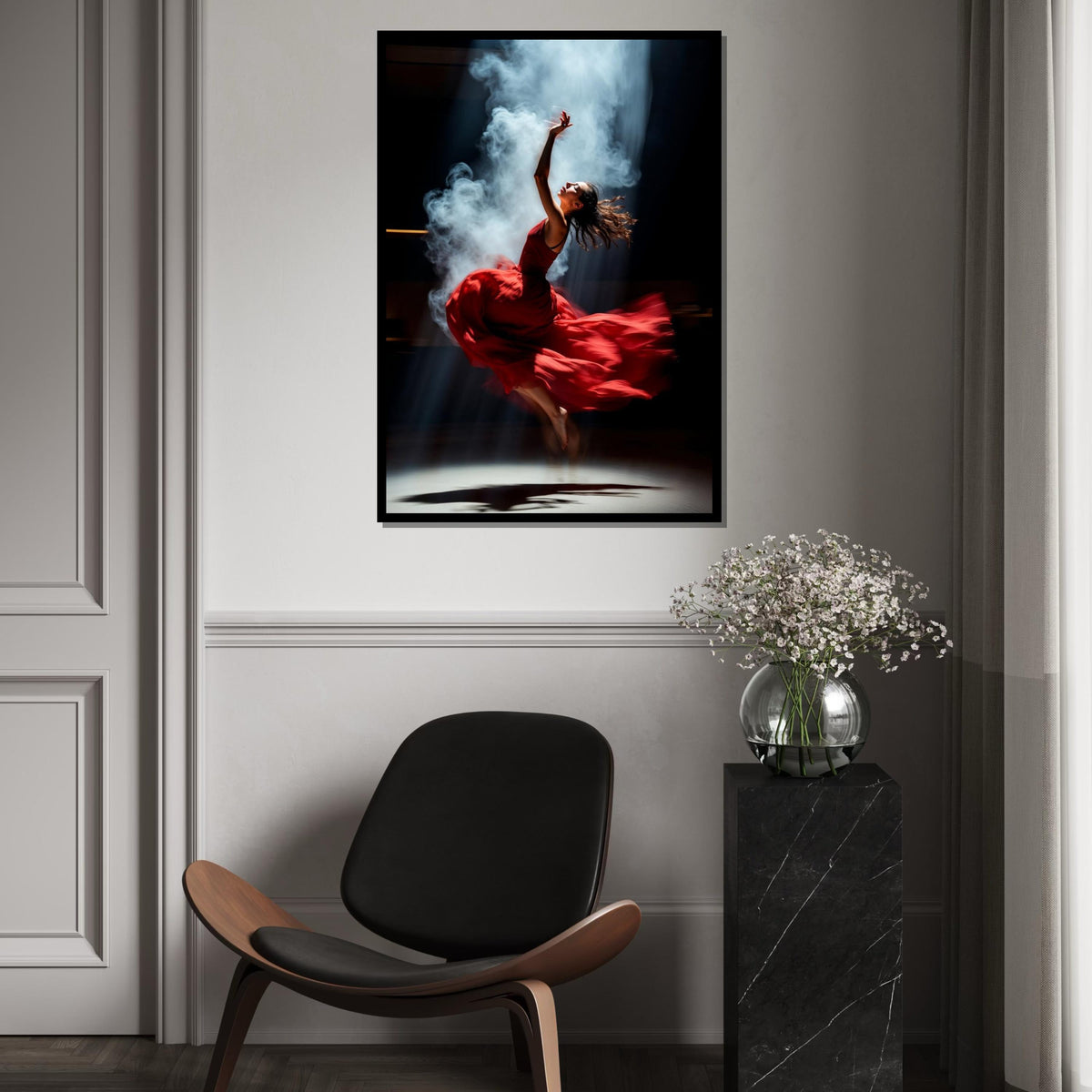 Graceful Dancer Canvas, Elegant Red Dress Artwork, Ballerina Wall Art, Dance Movement Poster, Canvas Design, Ready to Hang Home Decor