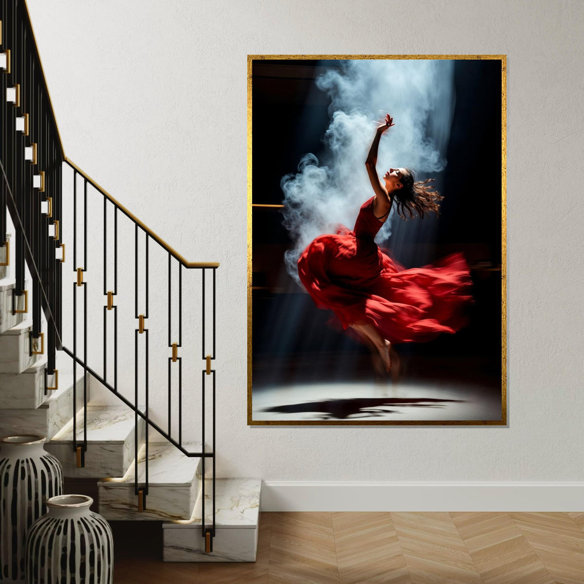 Graceful Dancer Canvas, Elegant Red Dress Artwork, Ballerina Wall Art, Dance Movement Poster, Canvas Design, Ready to Hang Home Decor