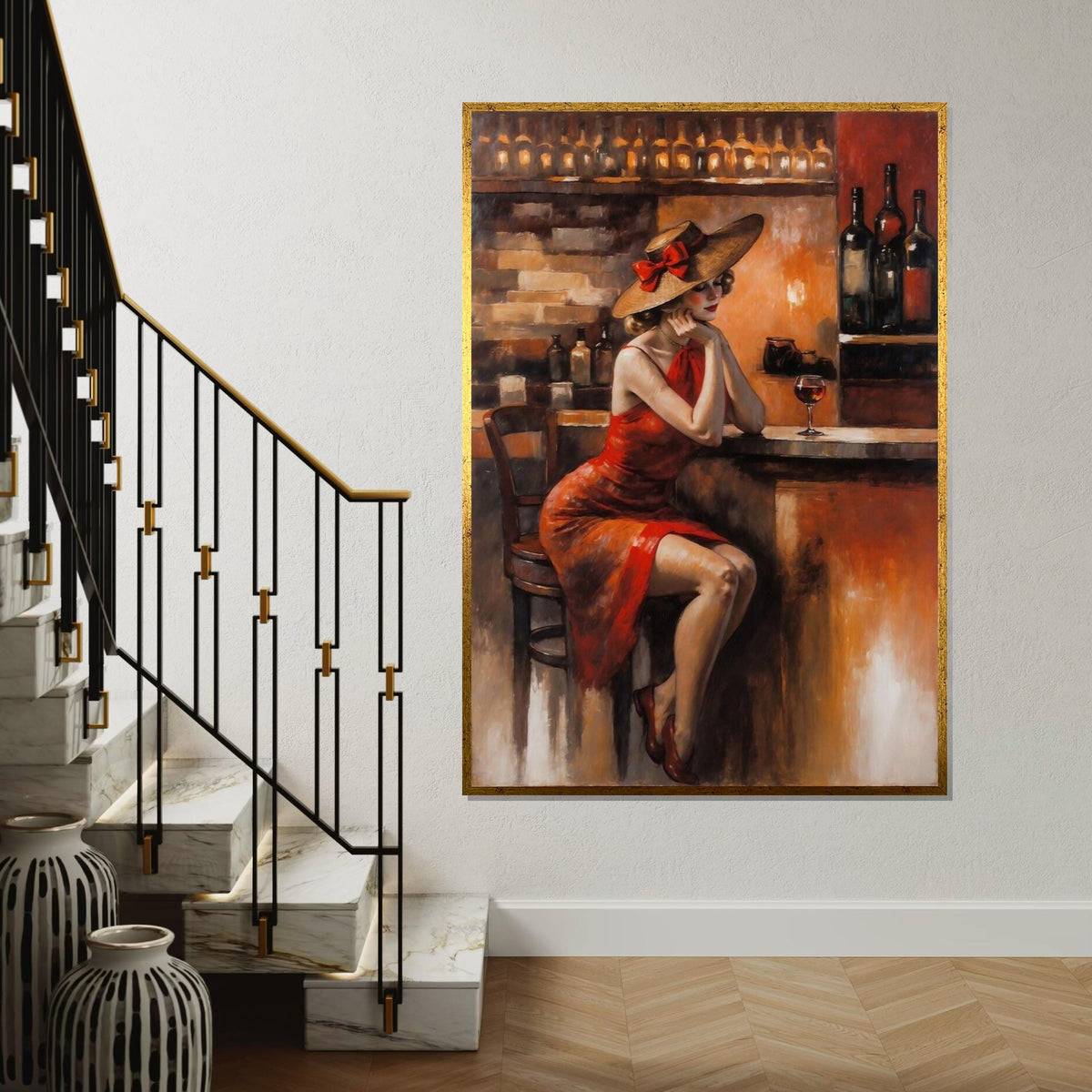 Lady in Red Dress Canvas, Vintage Bar Scene Art, Elegant Woman with Wine, Wall Art Canvas Design, Ready to Hang Decoration