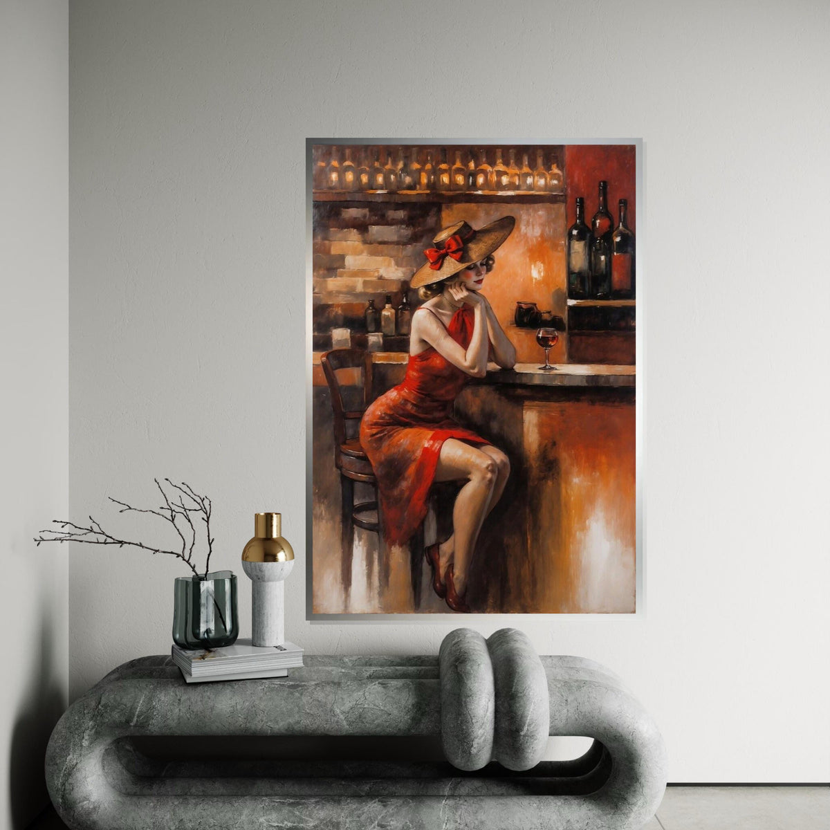 Lady in Red Dress Canvas, Vintage Bar Scene Art, Elegant Woman with Wine, Wall Art Canvas Design, Ready to Hang Decoration