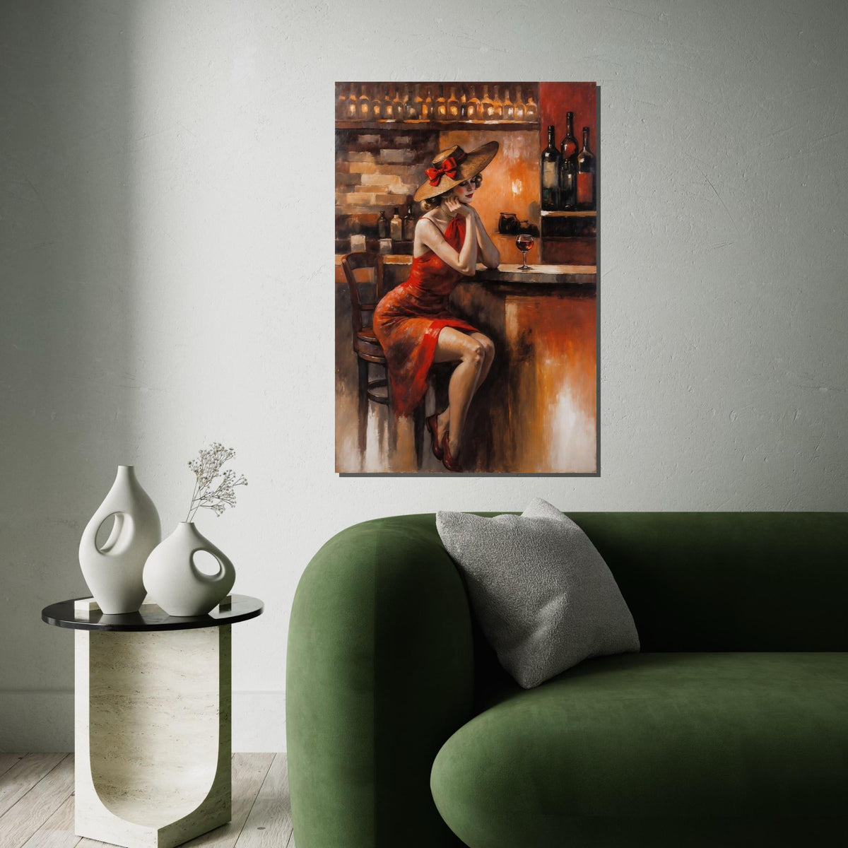 Lady in Red Dress Canvas, Vintage Bar Scene Art, Elegant Woman with Wine, Wall Art Canvas Design, Ready to Hang Decoration