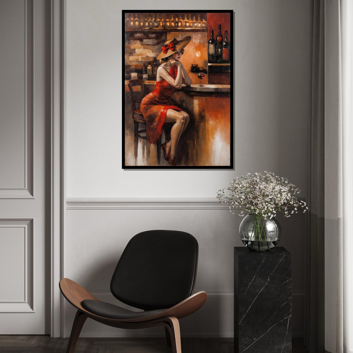 Lady in Red Dress Canvas, Vintage Bar Scene Art, Elegant Woman with Wine, Wall Art Canvas Design, Ready to Hang Decoration