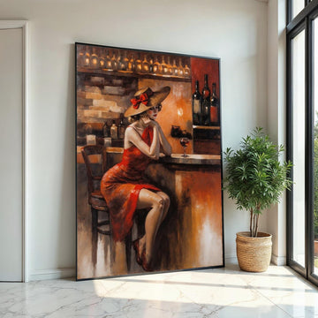 Lady in Red Dress Canvas, Vintage Bar Scene Art, Elegant Woman with Wine, Wall Art Canvas Design, Ready to Hang Decoration