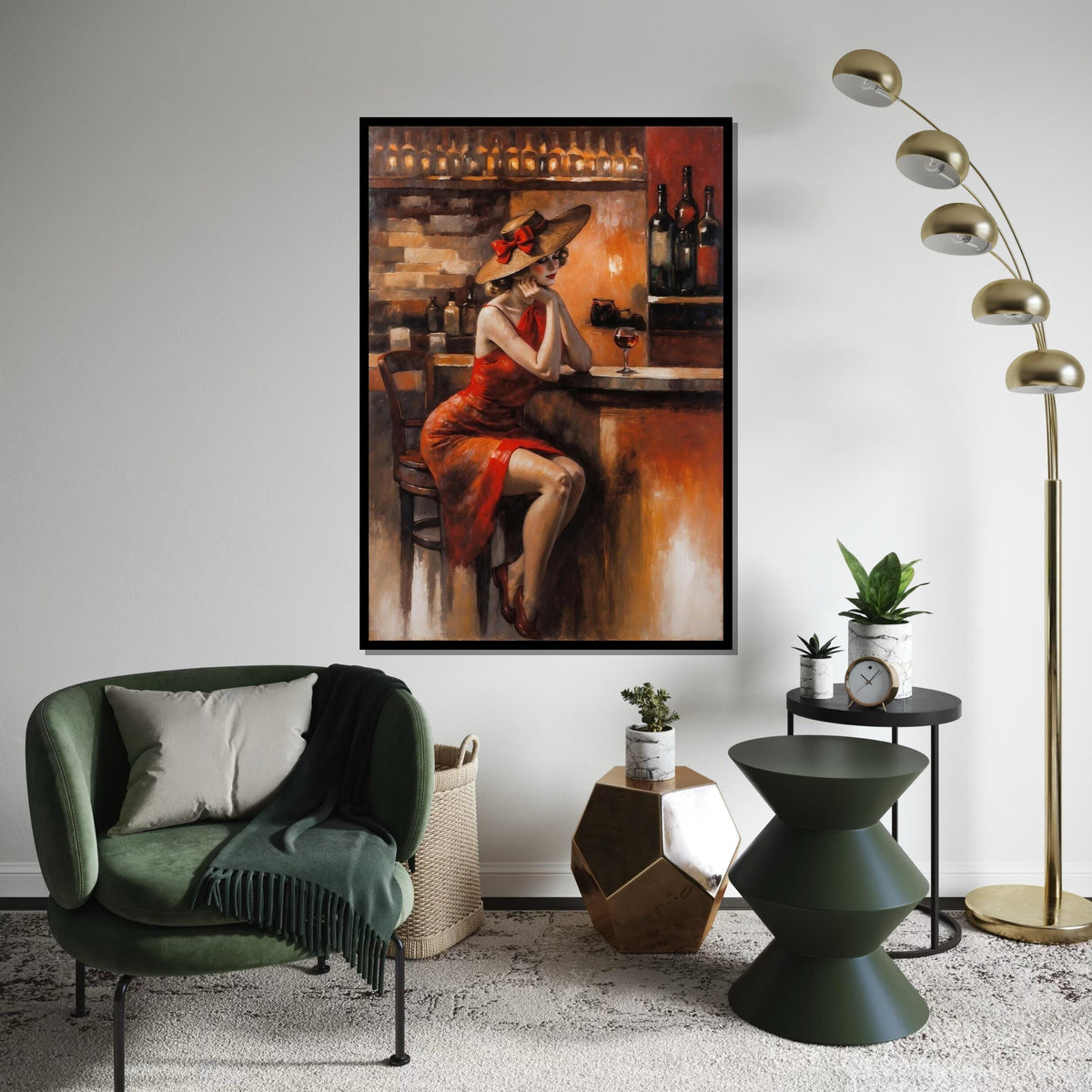 Lady in Red Dress Canvas, Vintage Bar Scene Art, Elegant Woman with Wine, Wall Art Canvas Design, Ready to Hang Decoration