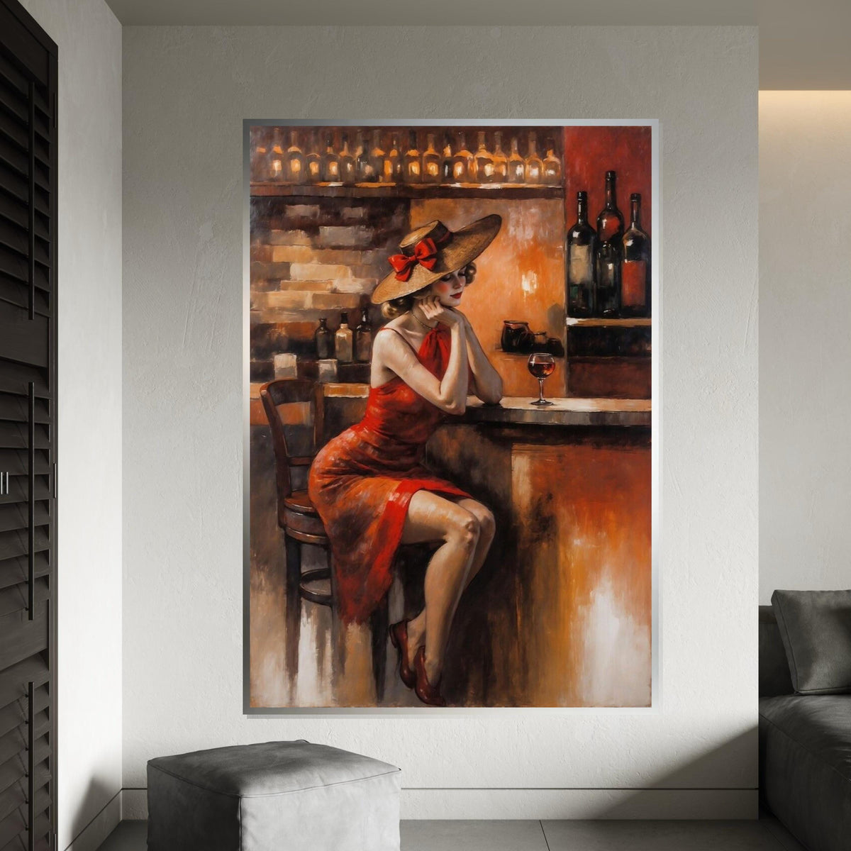 Lady in Red Dress Canvas, Vintage Bar Scene Art, Elegant Woman with Wine, Wall Art Canvas Design, Ready to Hang Decoration