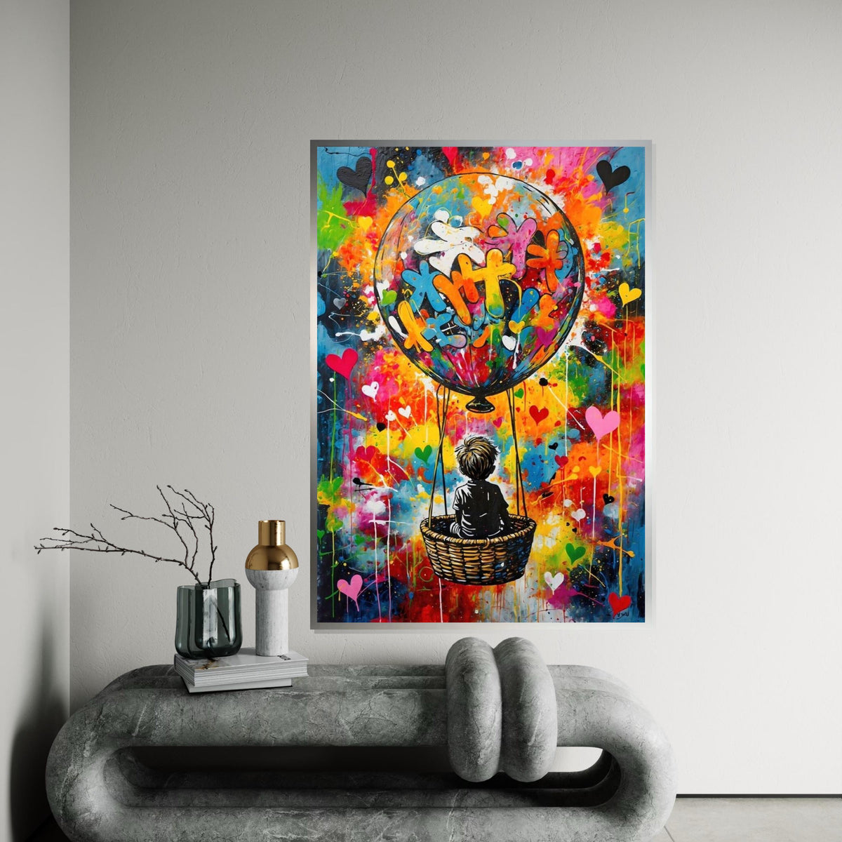 Colorful Balloon Adventure Canvas, Child in Hot Air Balloon Art, Vibrant Wall Print, Graffiti Style, Wall Art Canvas Design, Ready to