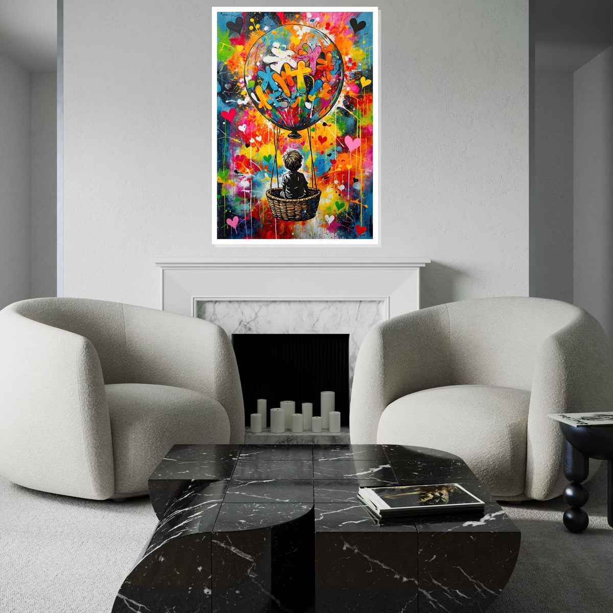 Colorful Balloon Adventure Canvas, Child in Hot Air Balloon Art, Vibrant Wall Print, Graffiti Style, Wall Art Canvas Design, Ready to