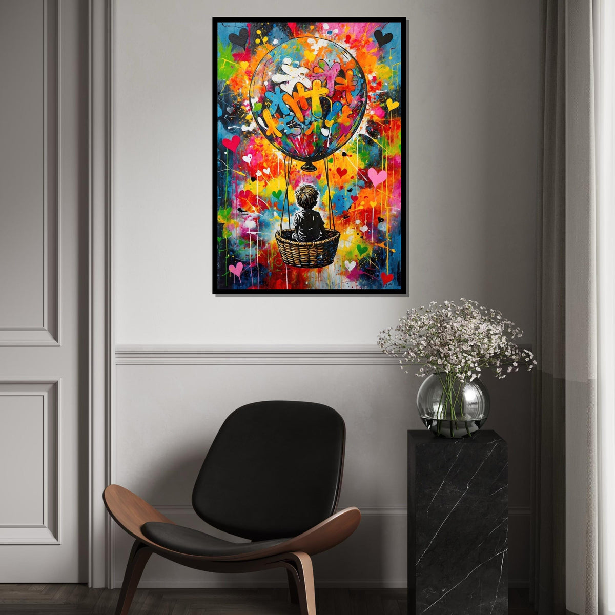 Colorful Balloon Adventure Canvas, Child in Hot Air Balloon Art, Vibrant Wall Print, Graffiti Style, Wall Art Canvas Design, Ready to