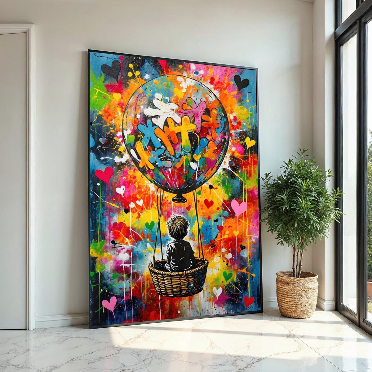 Colorful Balloon Adventure Canvas, Child in Hot Air Balloon Art, Vibrant Wall Print, Graffiti Style, Wall Art Canvas Design, Ready to