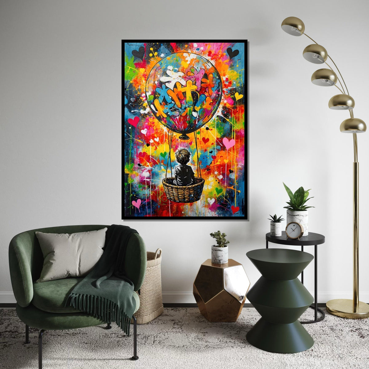 Colorful Balloon Adventure Canvas, Child in Hot Air Balloon Art, Vibrant Wall Print, Graffiti Style, Wall Art Canvas Design, Ready to