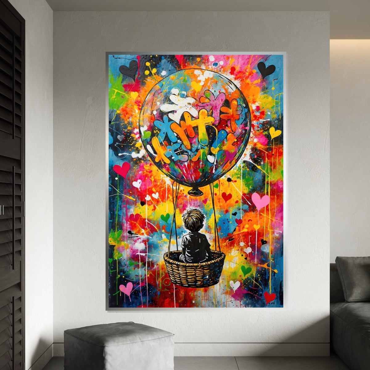 Colorful Balloon Adventure Canvas, Child in Hot Air Balloon Art, Vibrant Wall Print, Graffiti Style, Wall Art Canvas Design, Ready to