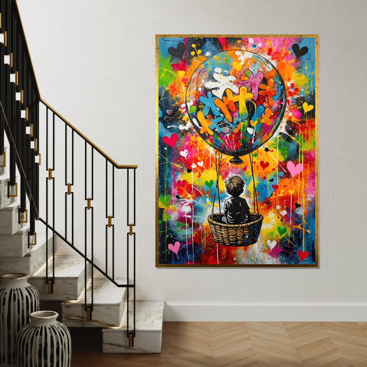 Colorful Balloon Adventure Canvas, Child in Hot Air Balloon Art, Vibrant Wall Print, Graffiti Style, Wall Art Canvas Design, Ready to