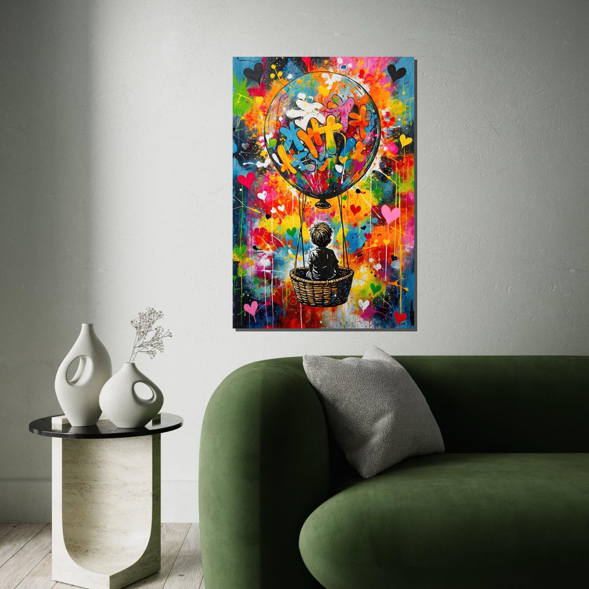 Colorful Balloon Adventure Canvas, Child in Hot Air Balloon Art, Vibrant Wall Print, Graffiti Style, Wall Art Canvas Design, Ready to
