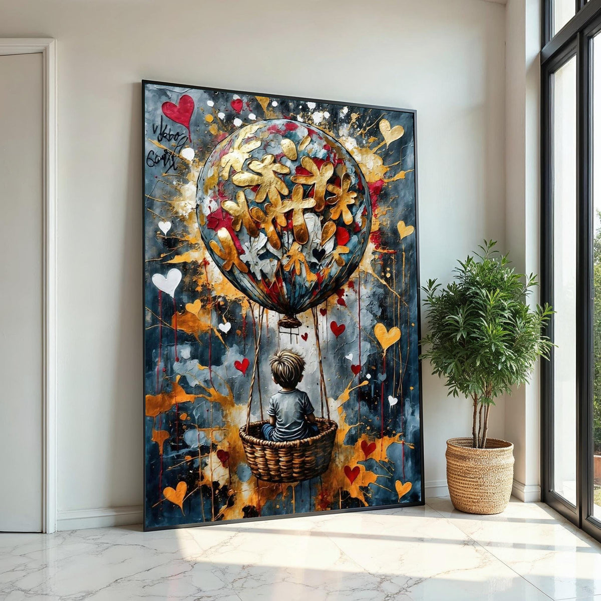 Child in Basket, Heart Balloon Canvas, Whimsical Art, Balloon Adventure, Wall Art Canvas Design, Ready to Hang Decoration