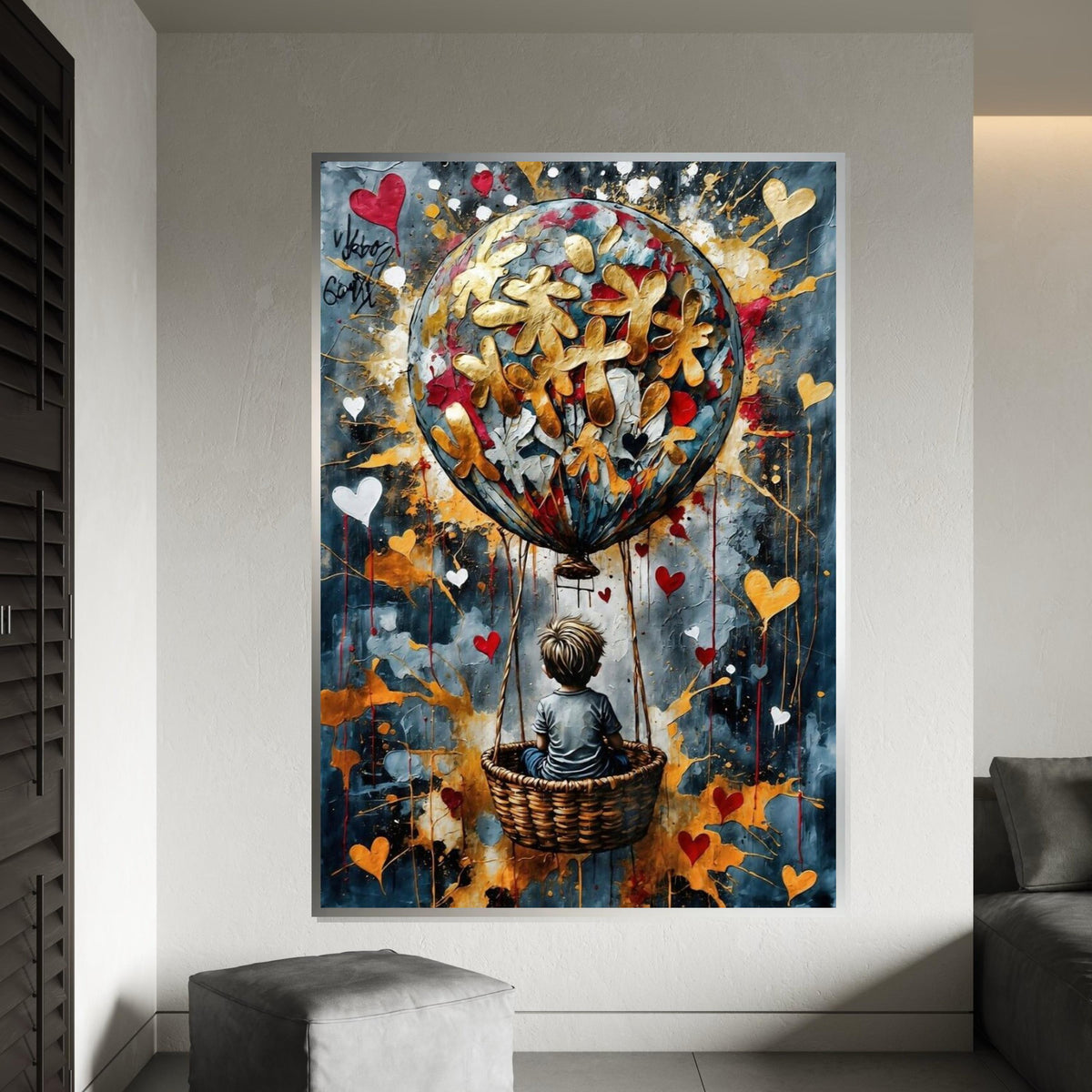 Child in Basket, Heart Balloon Canvas, Whimsical Art, Balloon Adventure, Wall Art Canvas Design, Ready to Hang Decoration