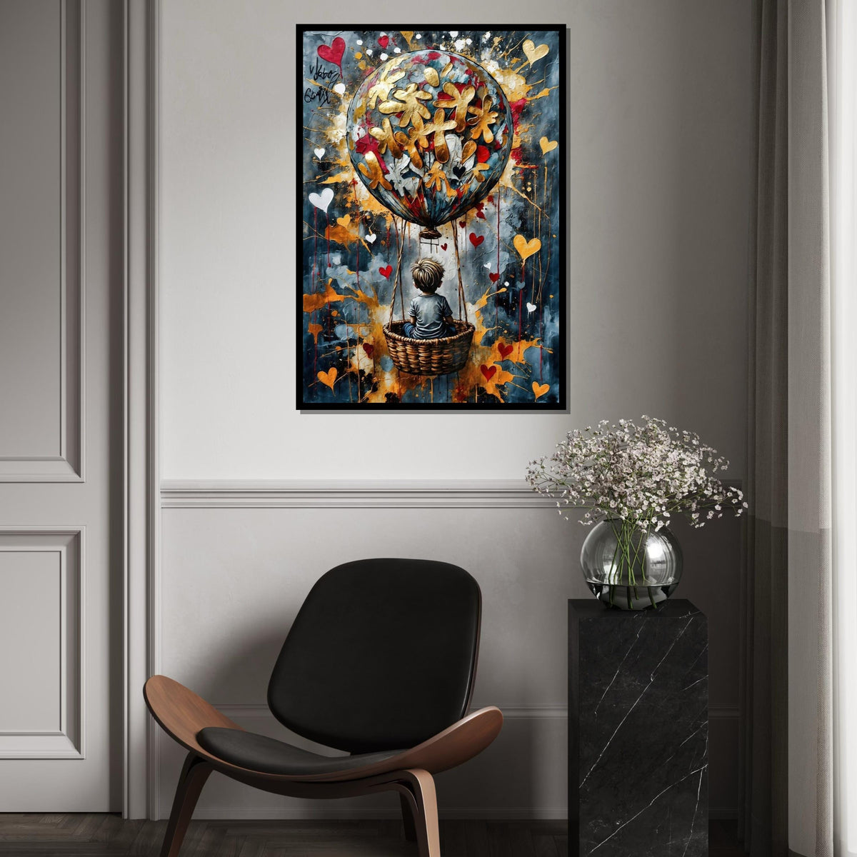 Child in Basket, Heart Balloon Canvas, Whimsical Art, Balloon Adventure, Wall Art Canvas Design, Ready to Hang Decoration