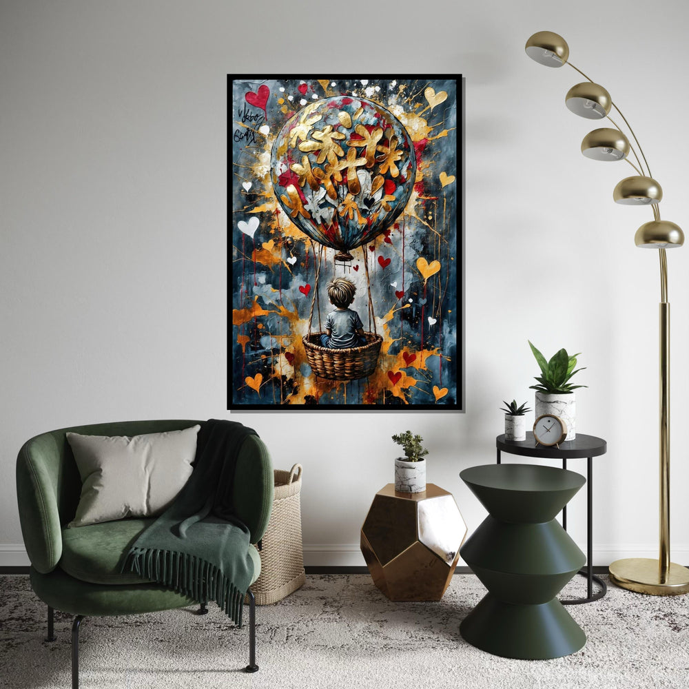 Child in Basket, Heart Balloon Canvas, Whimsical Art, Balloon Adventure, Wall Art Canvas Design, Ready to Hang Decoration