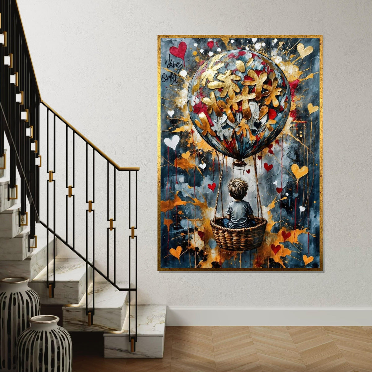 Child in Basket, Heart Balloon Canvas, Whimsical Art, Balloon Adventure, Wall Art Canvas Design, Ready to Hang Decoration