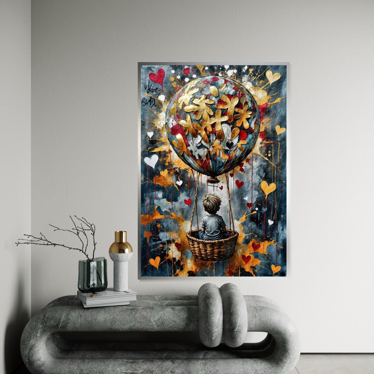 Child in Basket, Heart Balloon Canvas, Whimsical Art, Balloon Adventure, Wall Art Canvas Design, Ready to Hang Decoration