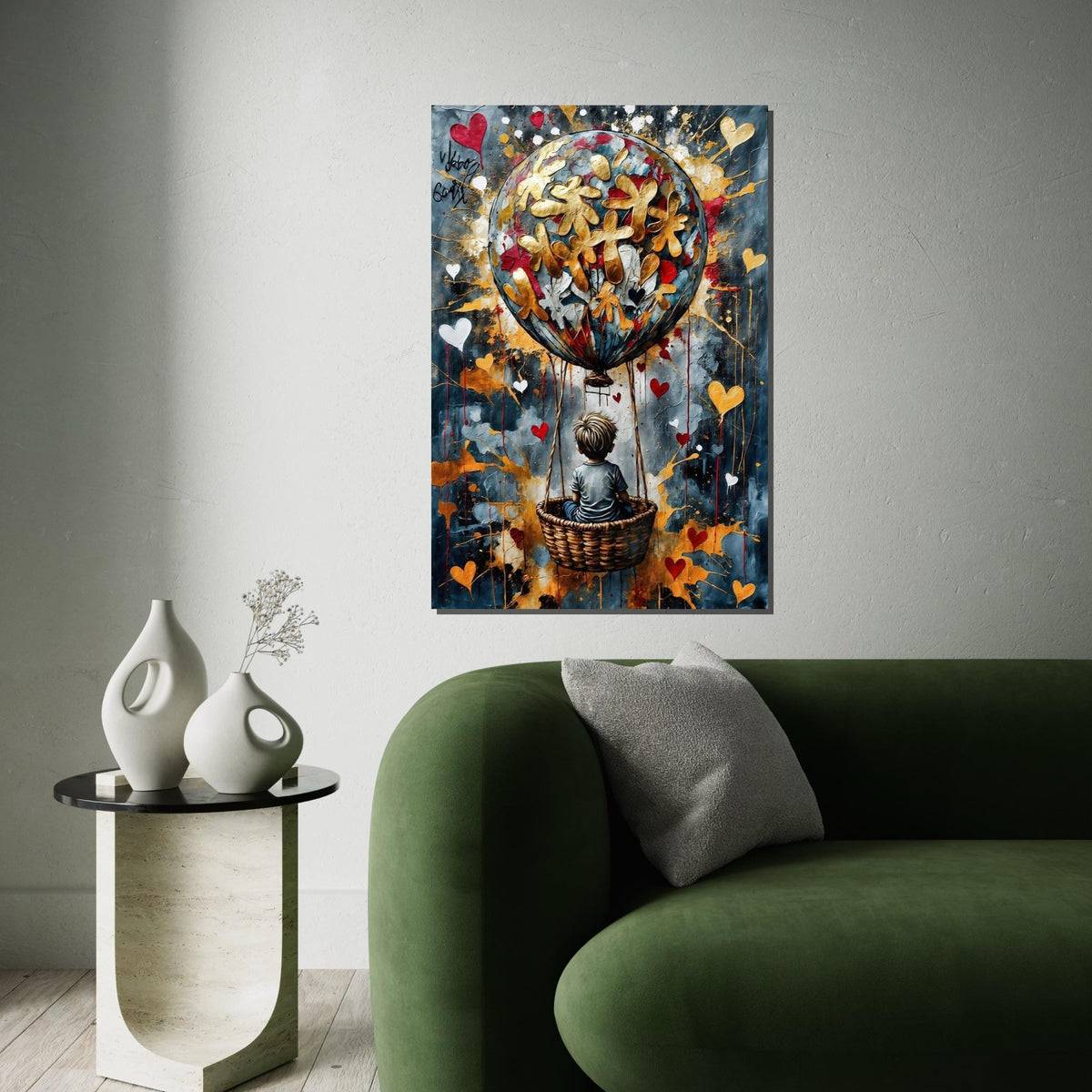 Child in Basket, Heart Balloon Canvas, Whimsical Art, Balloon Adventure, Wall Art Canvas Design, Ready to Hang Decoration