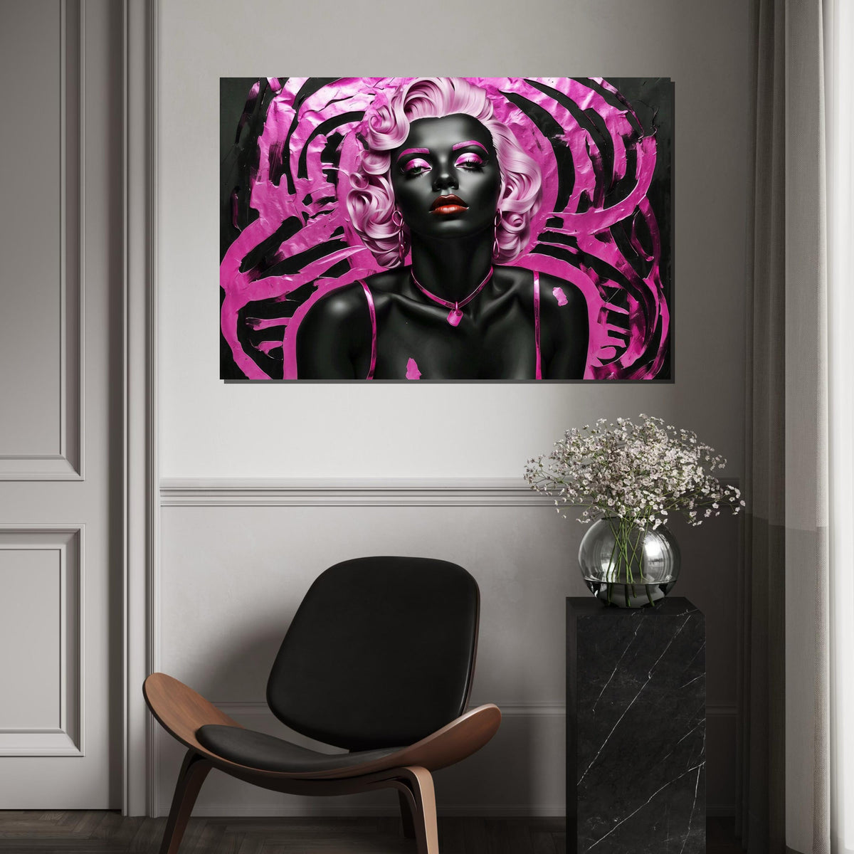 Pink Elegance Canvas, Glamorous Portrait Wall Art, Modern Pop Art, Black and Pink Canvas, Wall Art Canvas Design, Ready to Hang